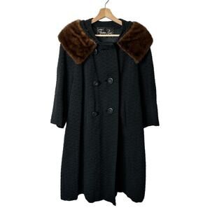 1980s Vintage Black Wool Coat With Brown Fur Collar Women's Small Trenchcoat